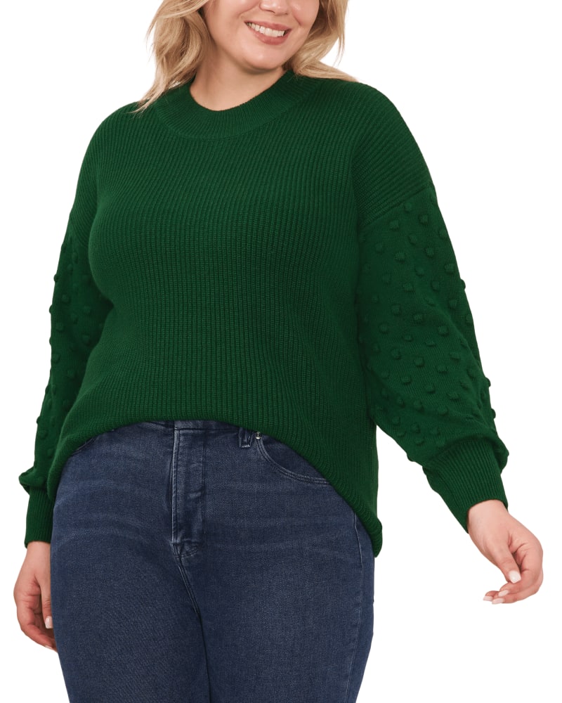 Front of a model wearing a size 1X Carrie Bobble Sleeve Sweater in Alpine Green by CeCe. | dia_product_style_image_id:263728